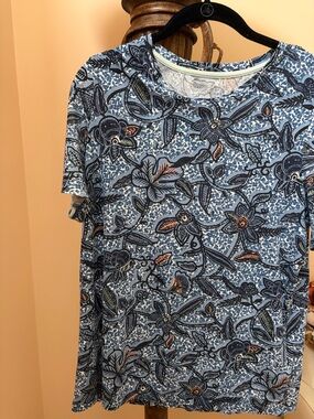 Tory Burch Blue Floral Print Short Sleeve Tee with Coral Accents